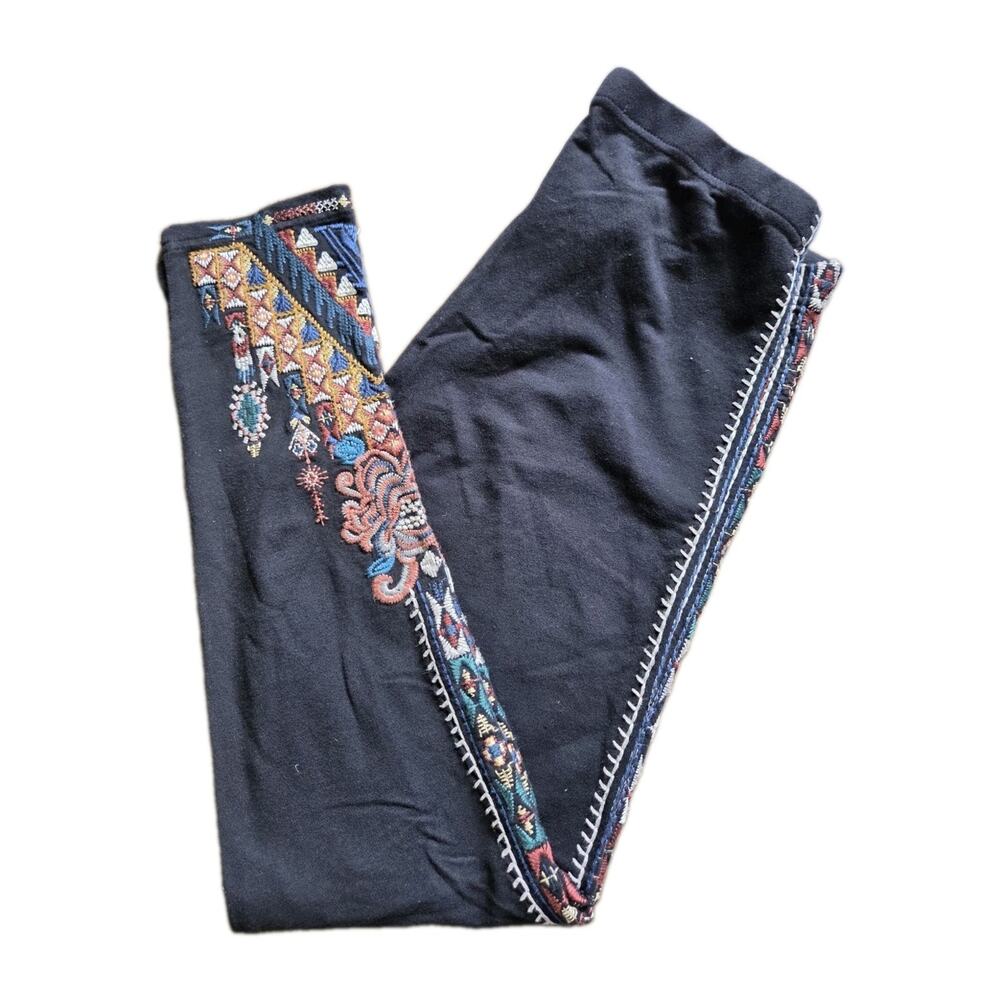 Johnny Was Black Multicolor Embroidered Boho Pull On Stretch Leggings Size M